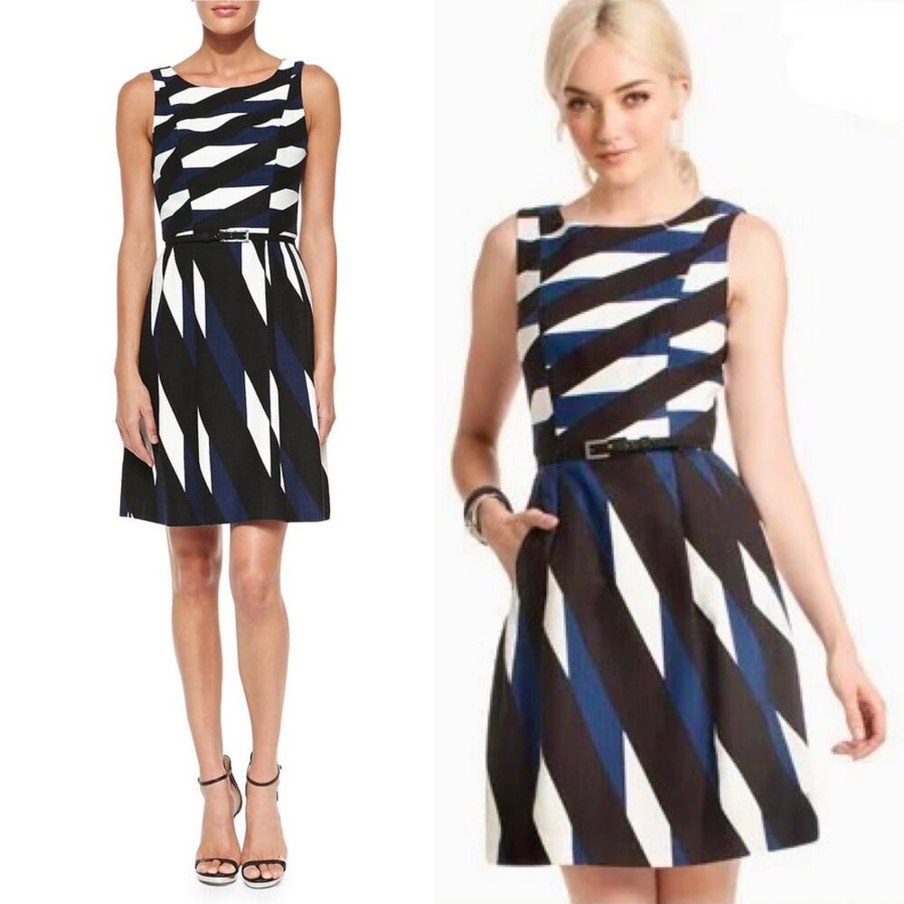 Trina Turk Medina Navy Black White Geo Print Tweed Belted Pencil Dress Size 4